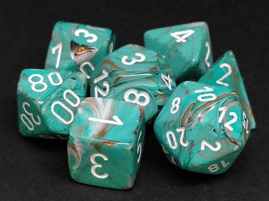 Set 7 polydice, Marble Oxi-Copper w/White