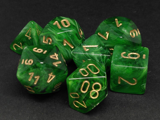 Set 7 polydice, Vortex green w/gold