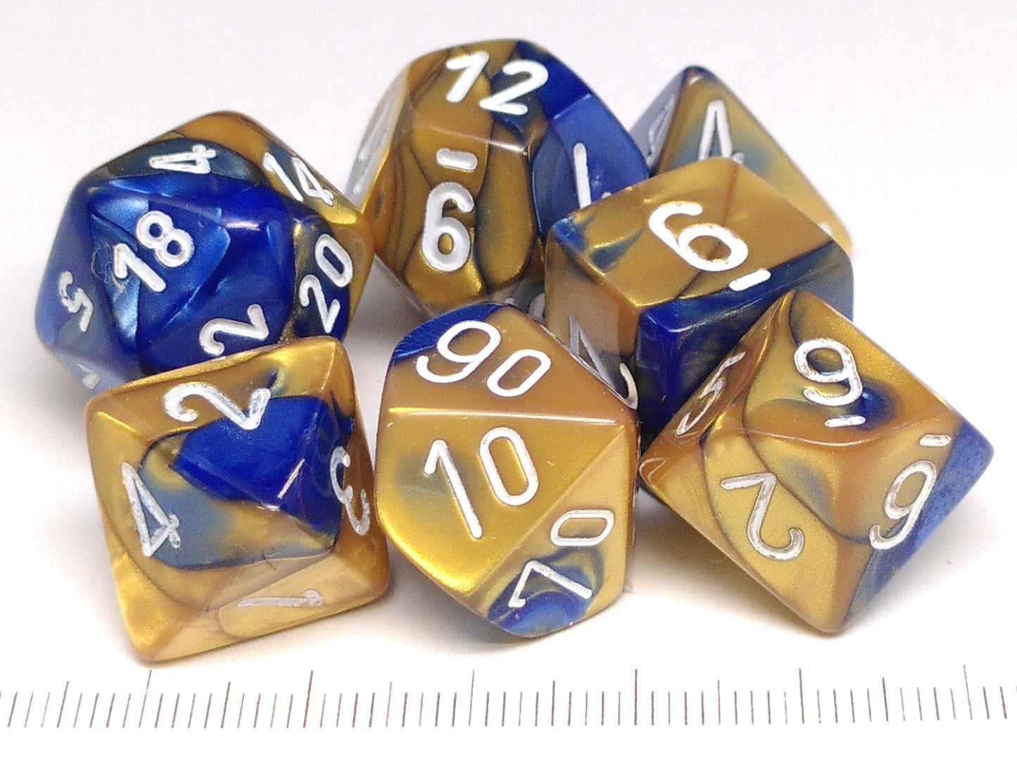 Set 7 polydice, Gemini blue-gold w/white