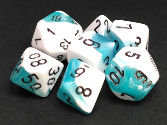 Set 7 polydice, Gemini Teal-White w/black