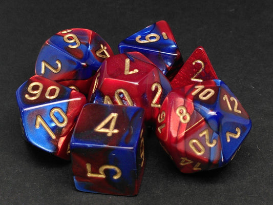 Set 7 polydice, Gemini blue-red w/gold