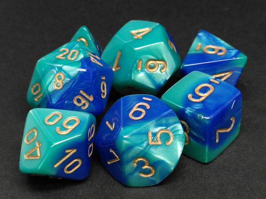 Set 7 polydice, Gemini blue-teal w/gold