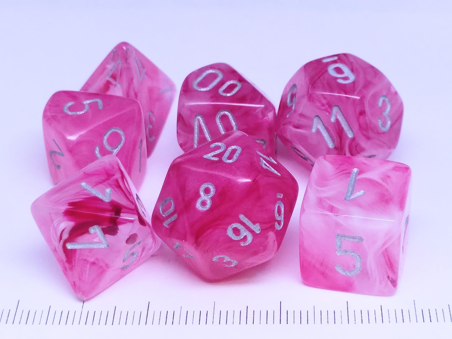 Set 7 Polydice, Ghostly Glow pink w/silver
