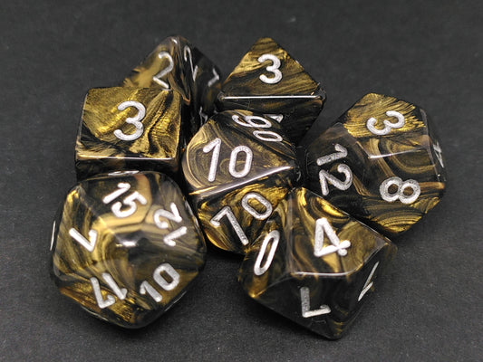 Set 7 polydice, Leaf Black Gold w/silver