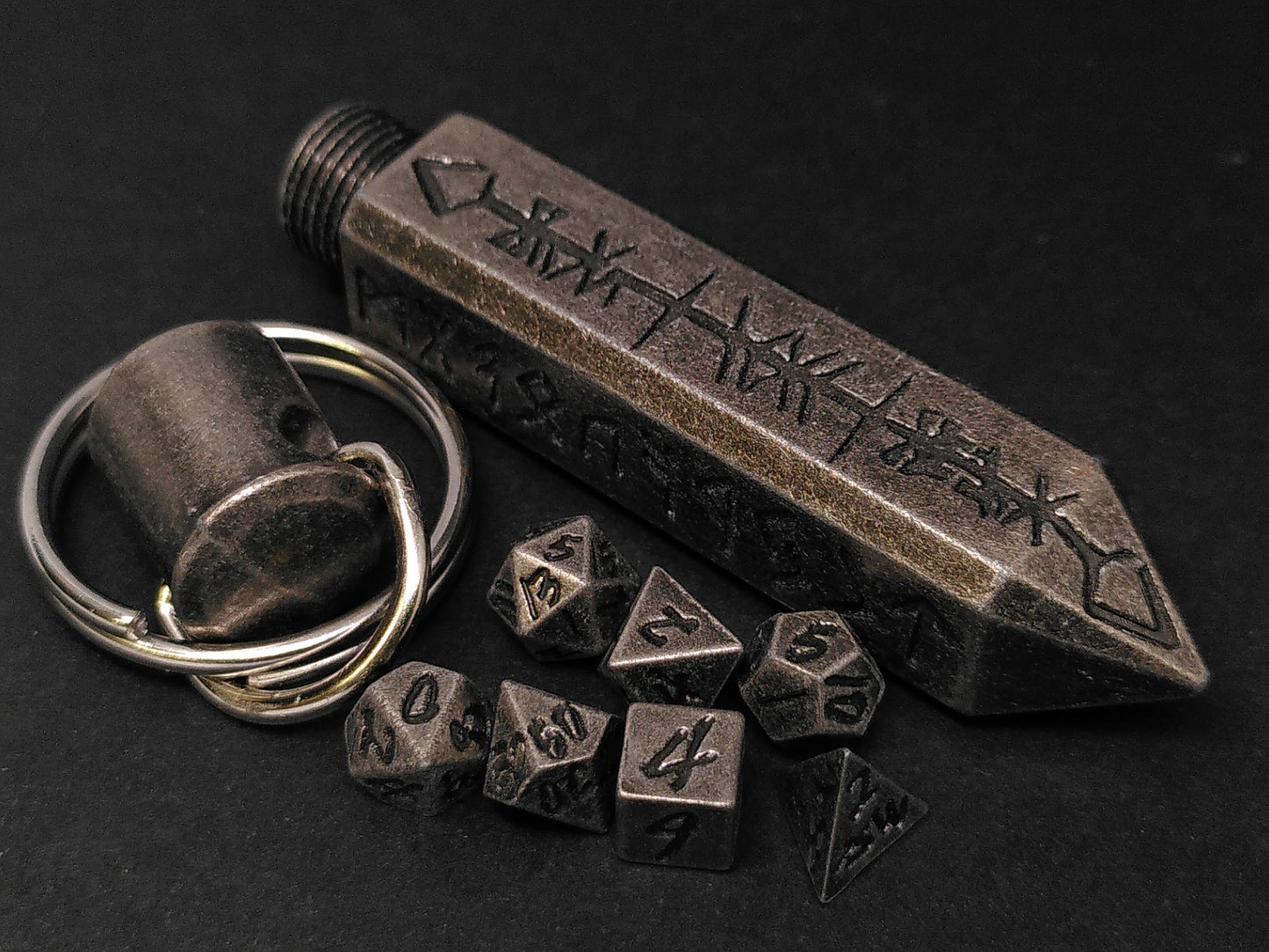 Runic Shard keychain, with mini metal dice