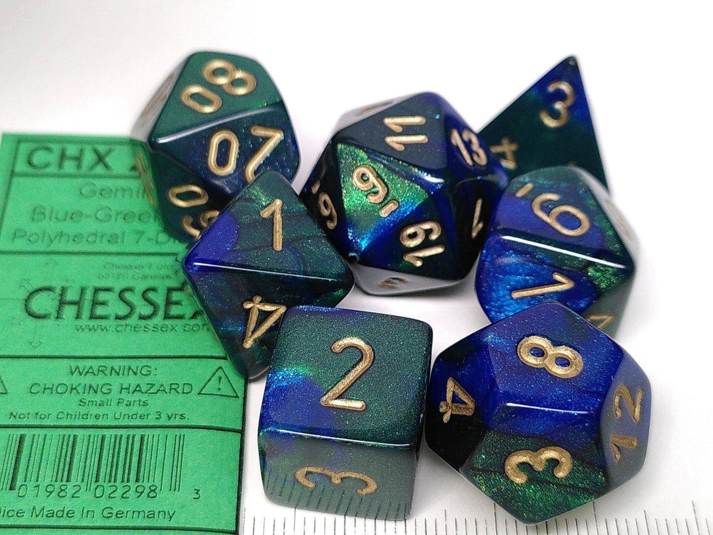 Set 7 polydice, Gemini blue-green w/gold