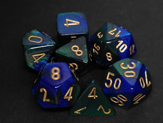 Set 7 polydice, Gemini blue-green w/gold
