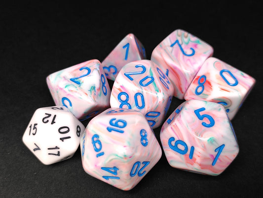 Mega-Hedral polydice set, Festive Pop Art w/Blue