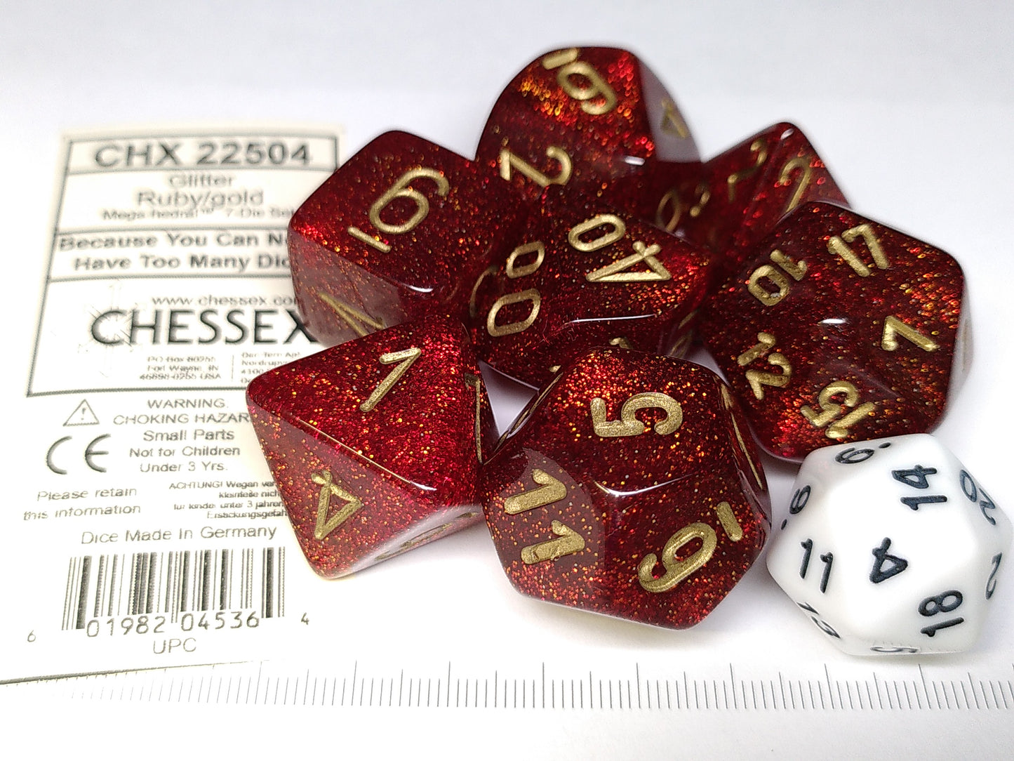 Mega-Hedral polydice set, Glitter Ruby w/gold