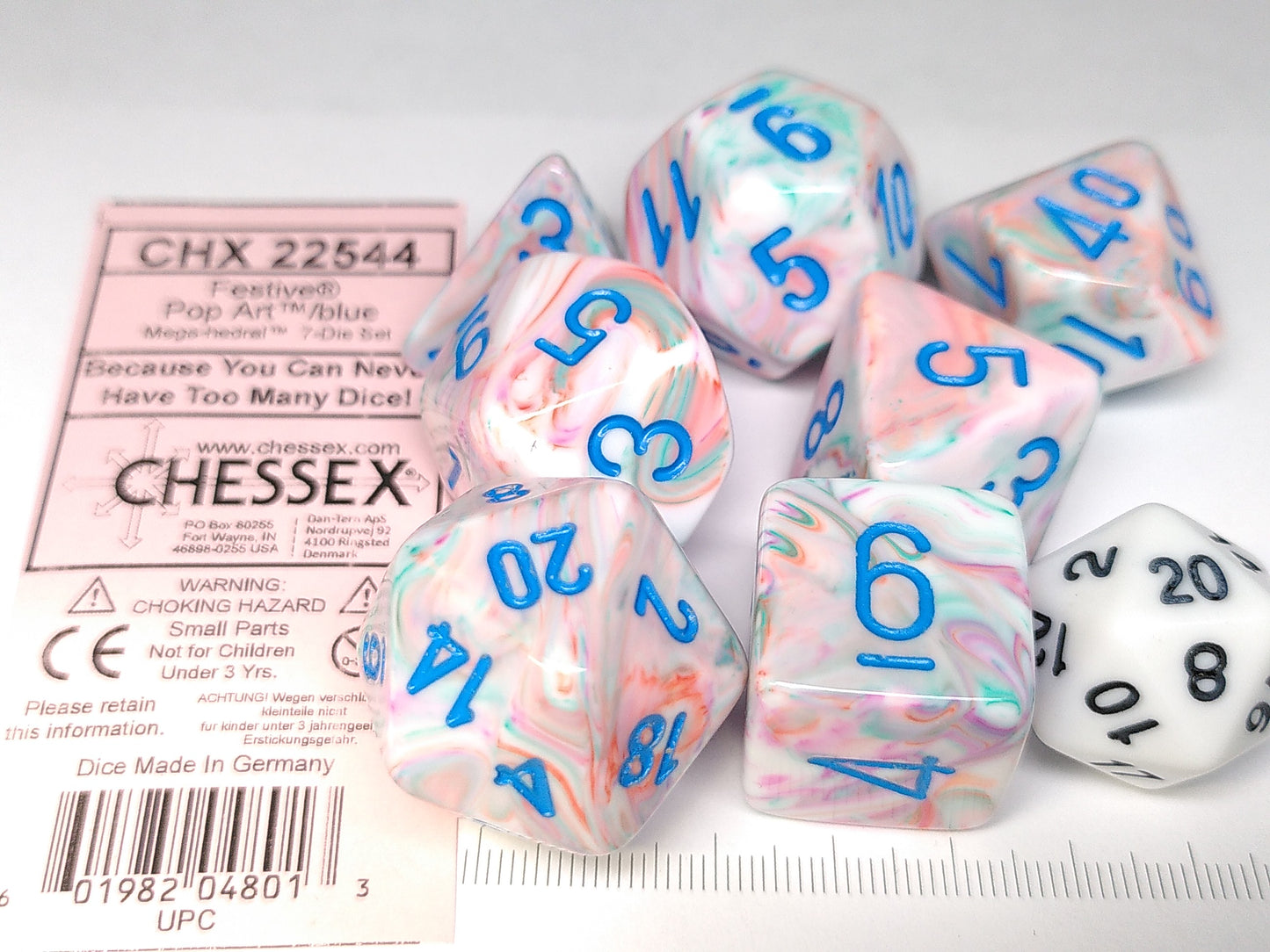 Mega-Hedral polydice set, Festive Pop Art w/Blue