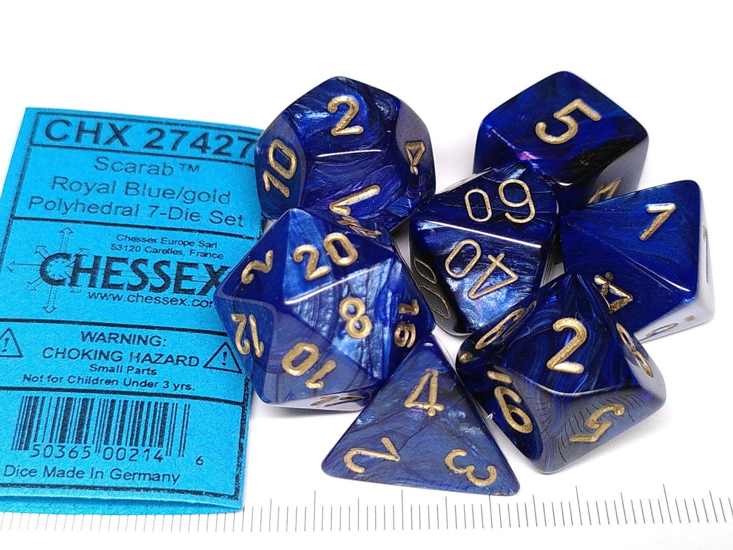 Set 7 polydice, Scarab Royal Blue w/gold
