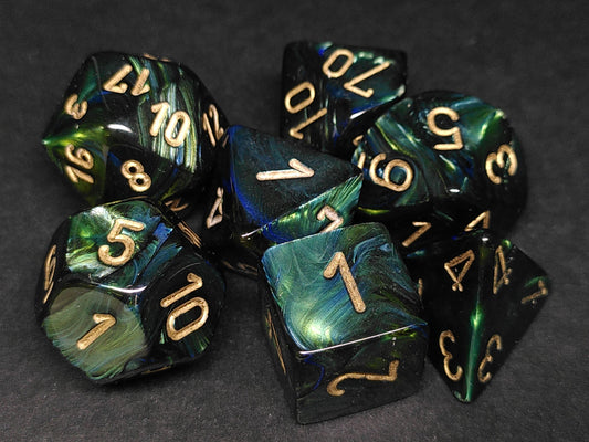Set 7 polydice, Scarab Jade w/gold
