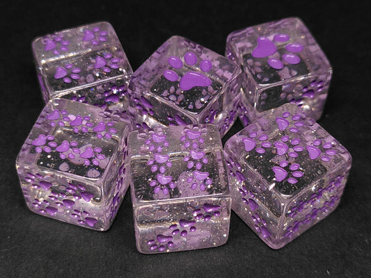 Set 6 6-zijdig, 16mm transparant glitter met paarse kattenpootjes