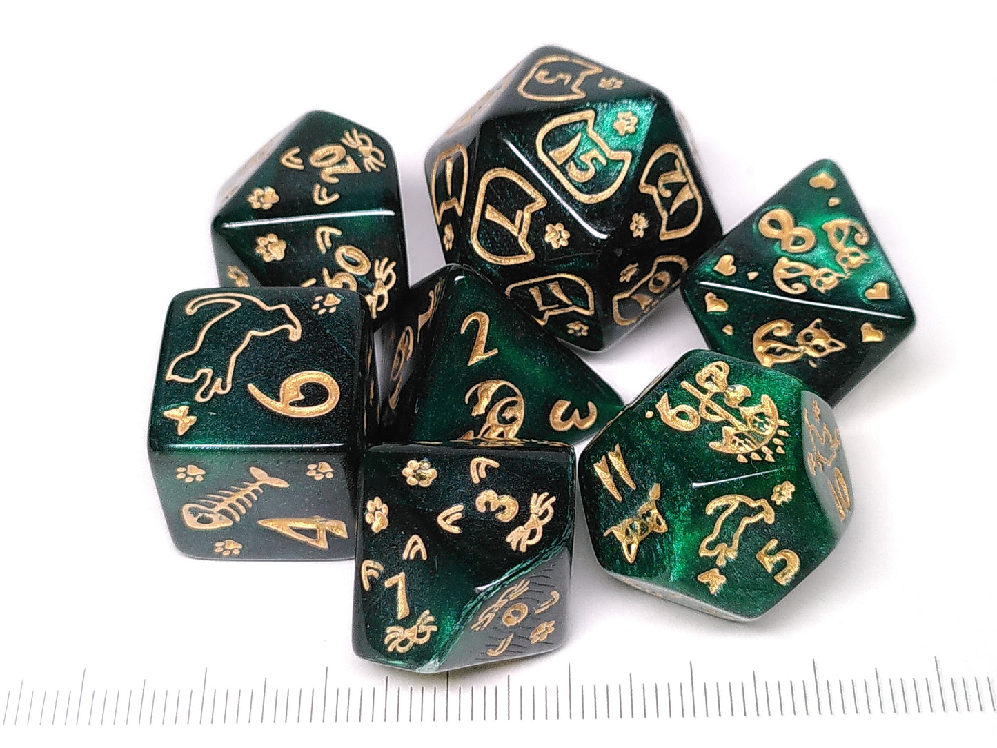 Cats polydice set - pearl green with gold