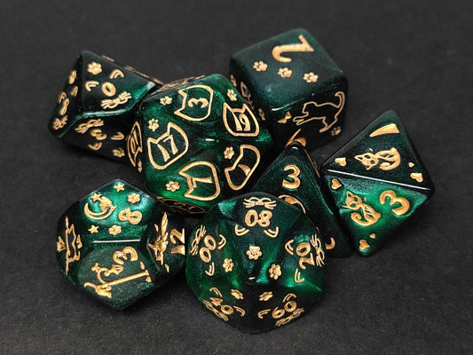 Cats polydice set - pearl green with gold