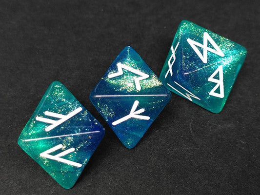 Runecasting dice set - glittering teal-blue