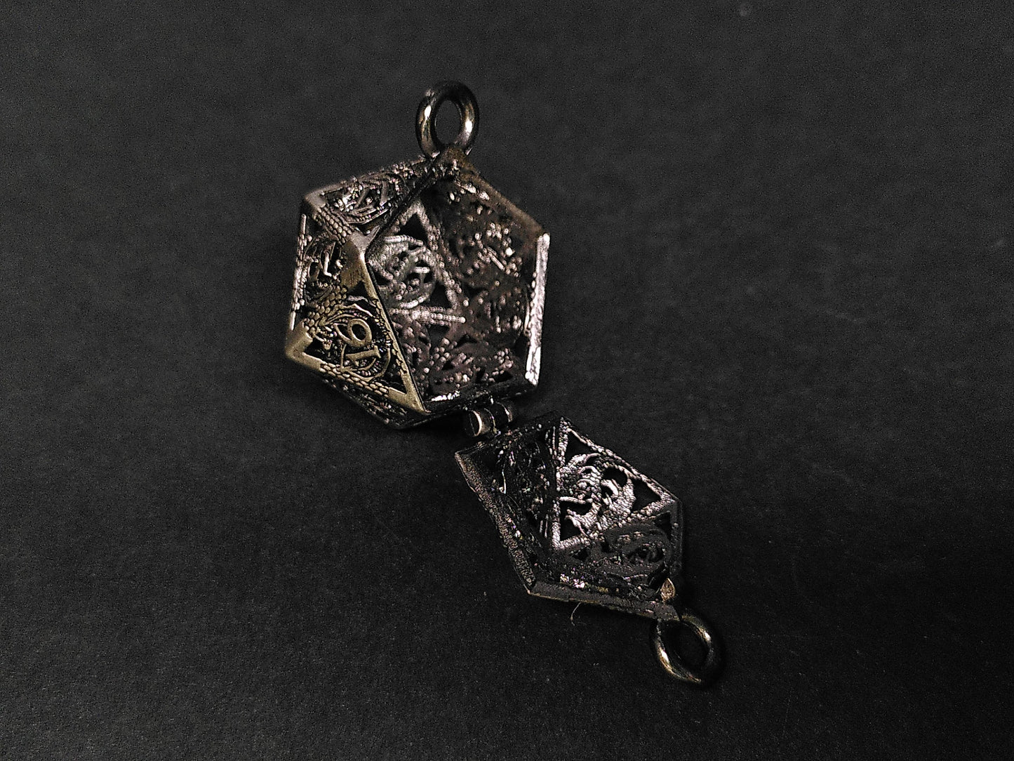 Silver Hollow Dragon dice cage pendant, with mini metal dice