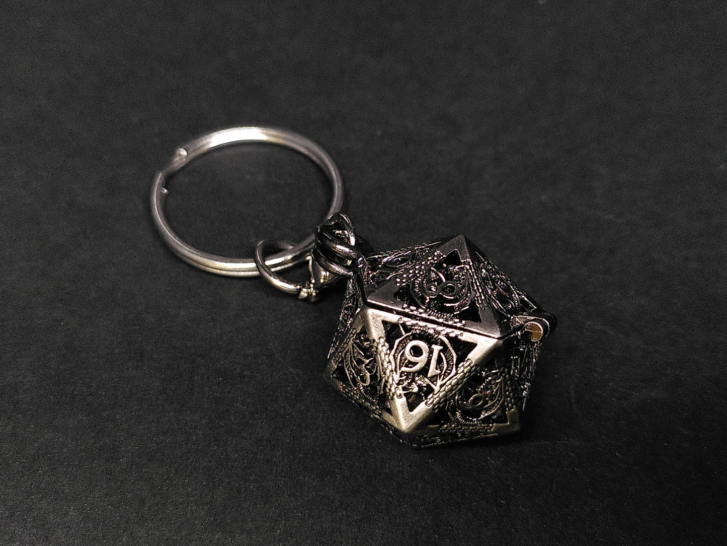 Silver Hollow Dragon dice cage pendant, with mini metal dice