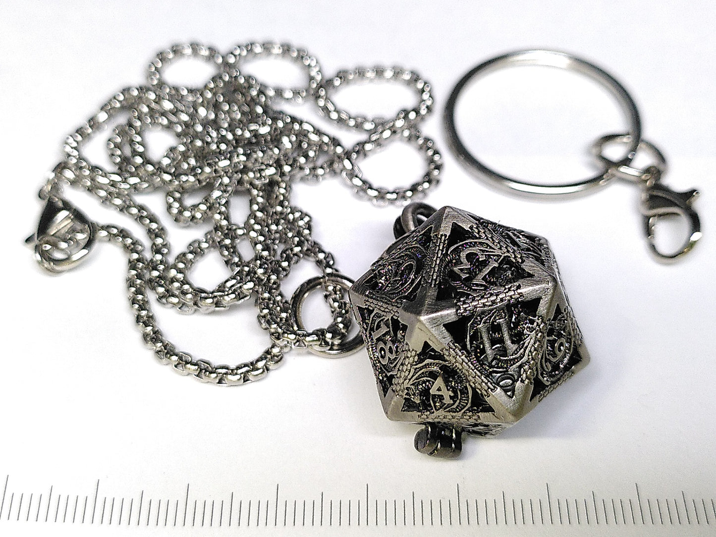 Silver Hollow Dragon dice cage pendant, with mini metal dice