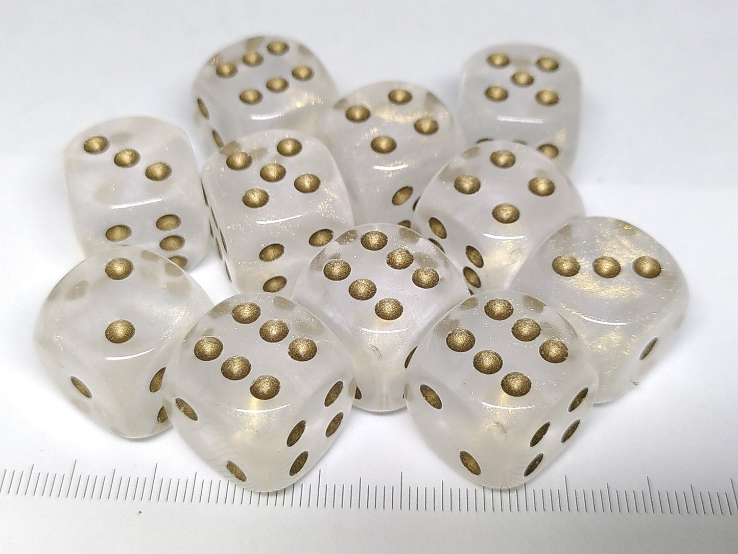 Set of 12 6-sided 16mm Transparent Gold Dust w/gold