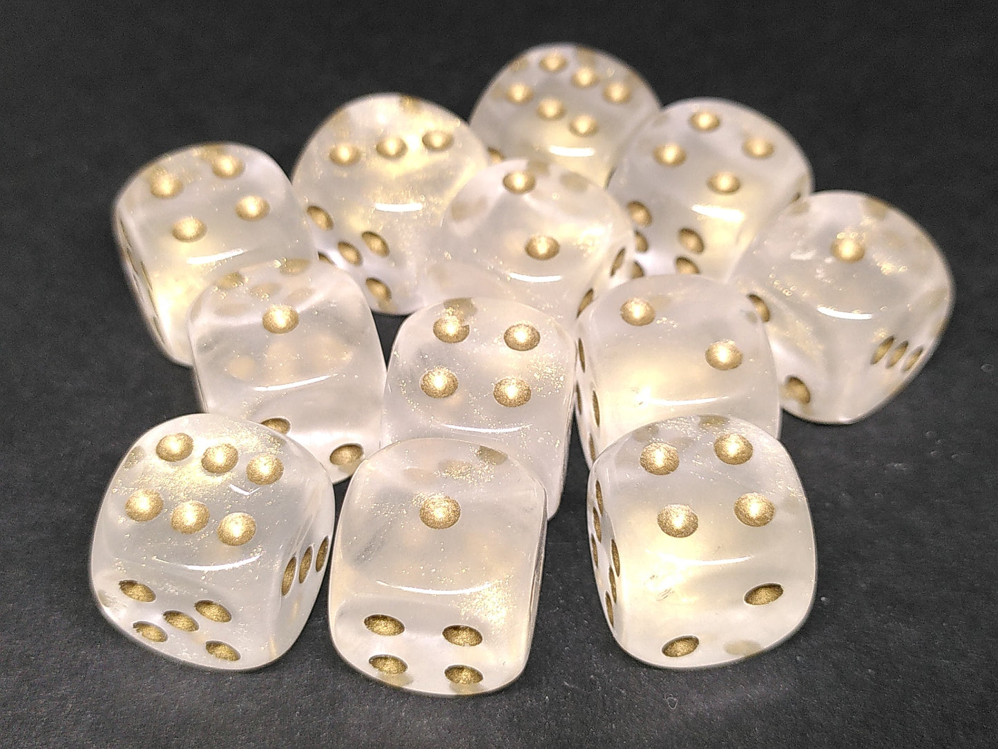 Set of 12 6-sided 16mm Transparent Gold Dust w/gold