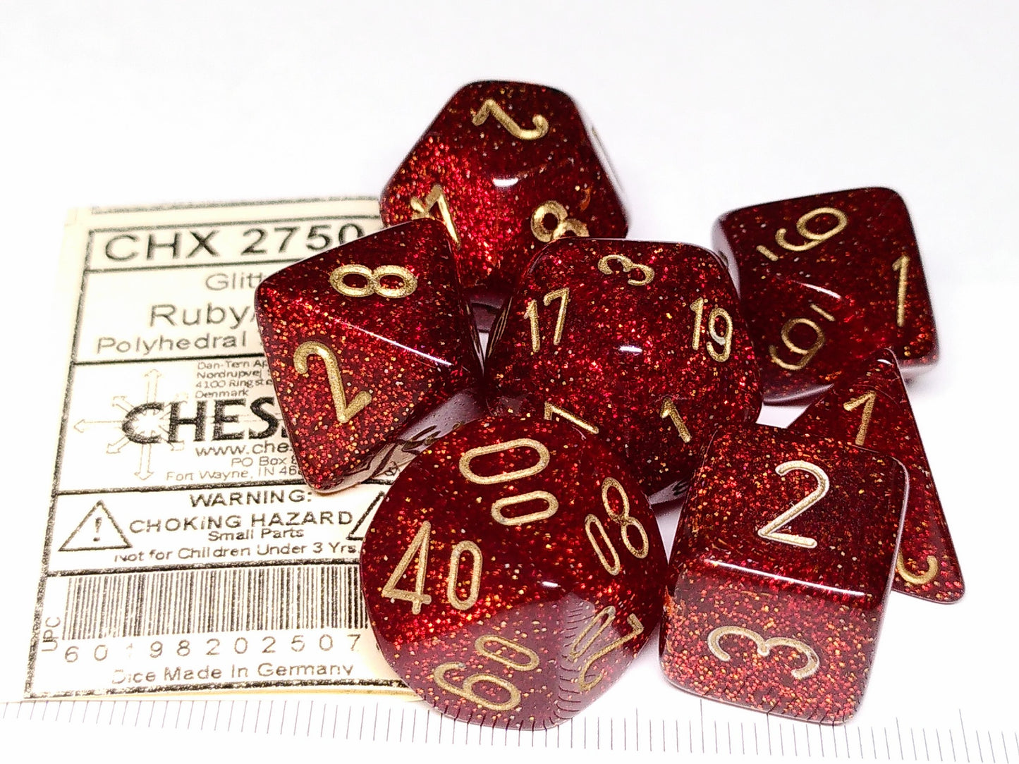 Set 7 Polydice, Glitter Ruby w/gold