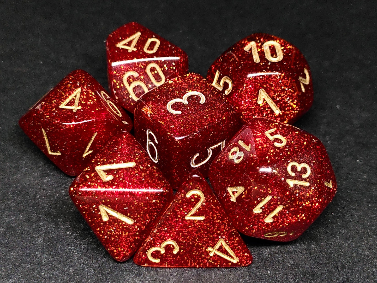 Set 7 Polydice, Glitter Ruby w/gold