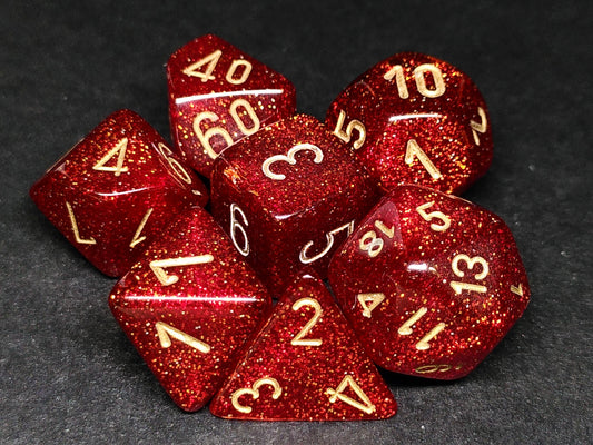 Set 7 Polydice, Glitter Ruby w/gold