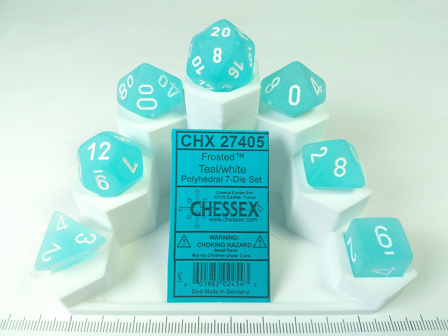 Set 7 polydice, Frosted teal w/white