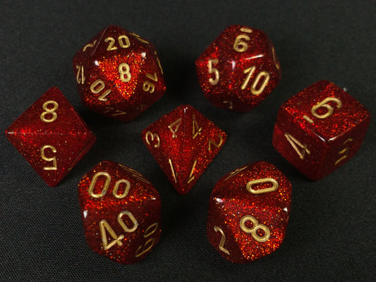 Set 7 Polydice, Glitter Ruby w/gold