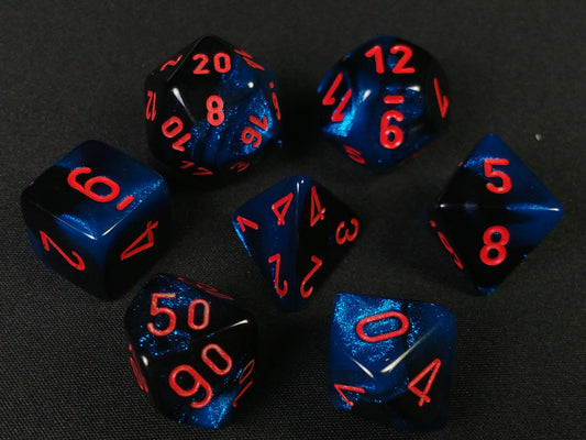 Set 7 polydice, Gemini black-Starlight w/red