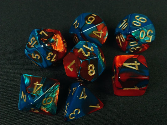 Set 7 polydice, Gemini red-teal w/gold