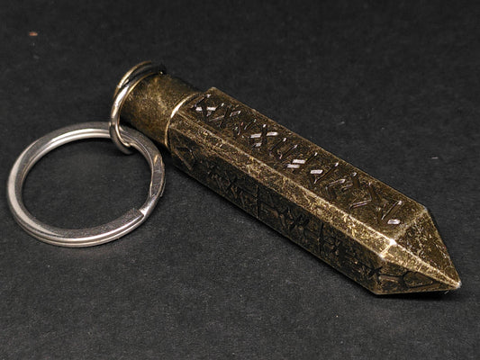 Brass Runic Shard keychain, with mini metal dice