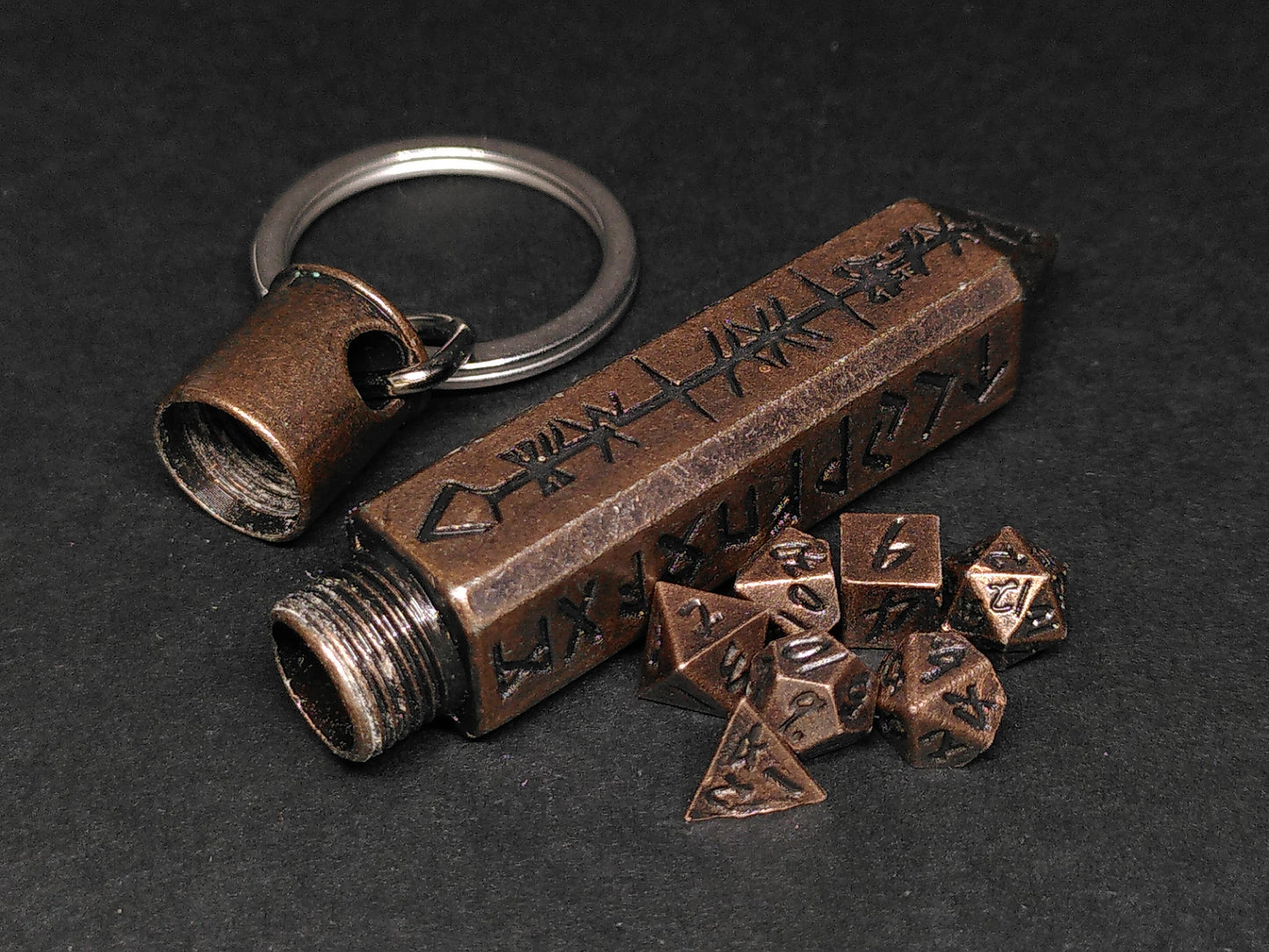 Copper Runic Shard keychain, with mini metal dice