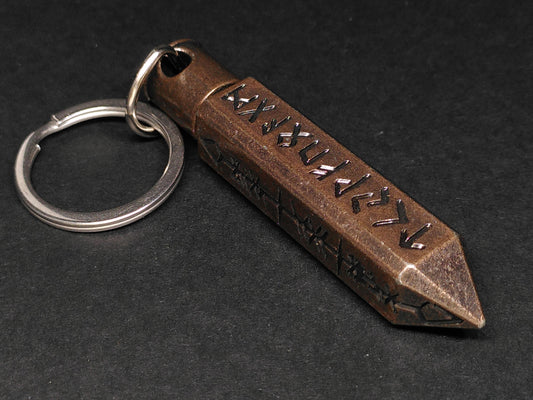 Copper Runic Shard keychain, with mini metal dice