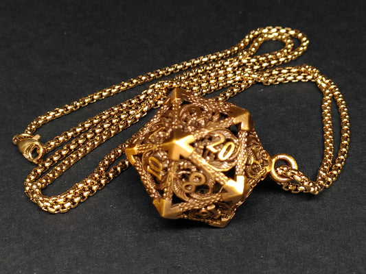 Gold Hollow Dragon dice cage pendant, with mini metal dice