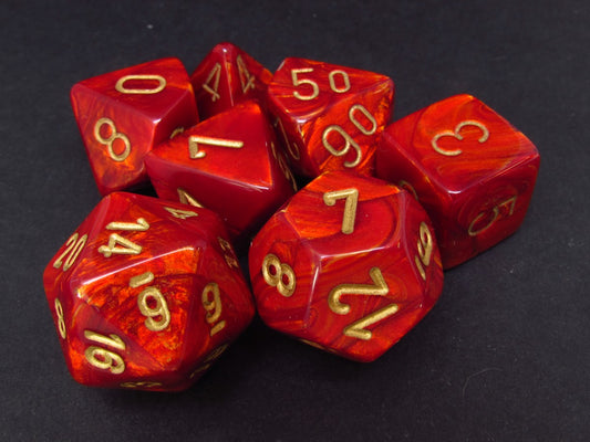 Set 7 polydice, Scarab Scarlet w/gold