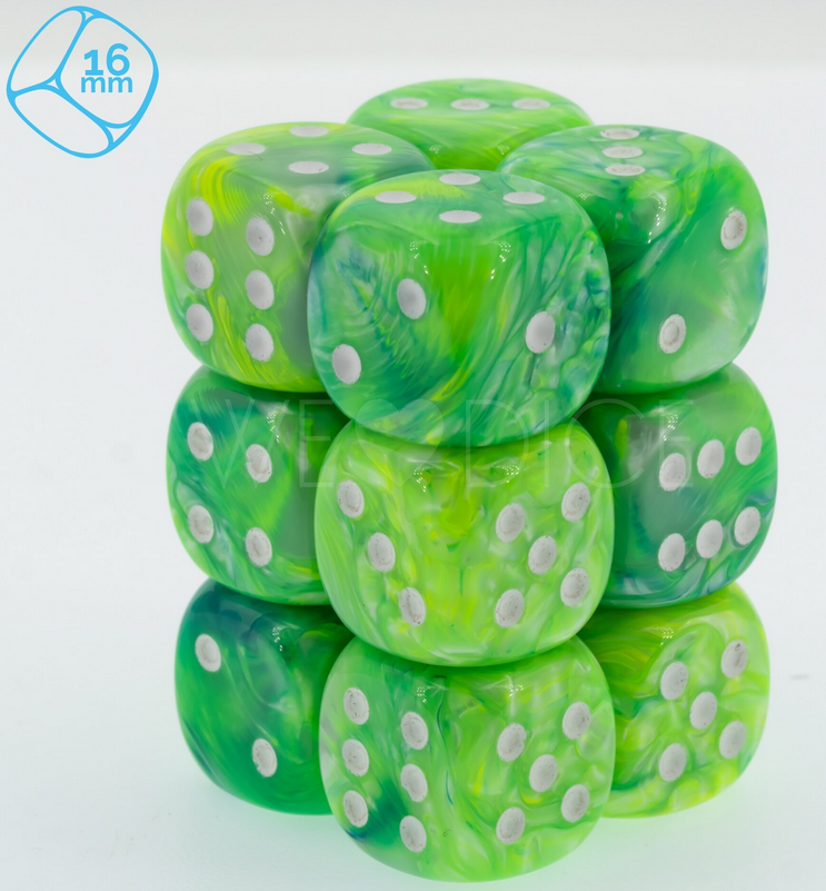 Set 12 6-sided 16mm Serica Green w/white