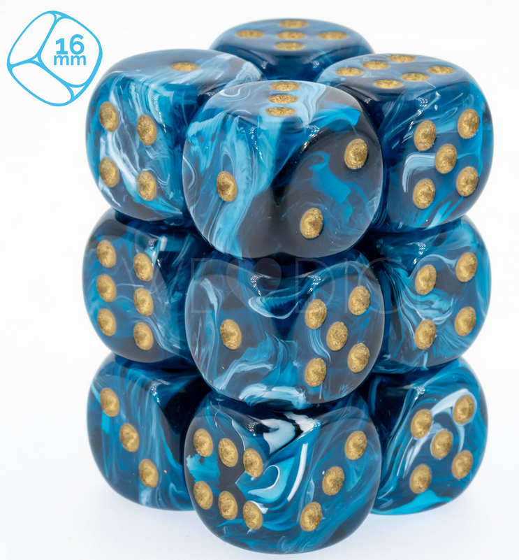 Set 12 6-sided 16mm Maro Midnight Blue w/gold