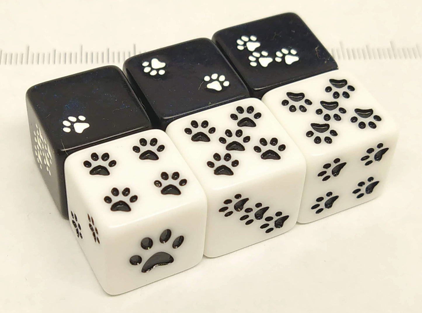 set 6 6-sided, 16mm black and white with cat paws