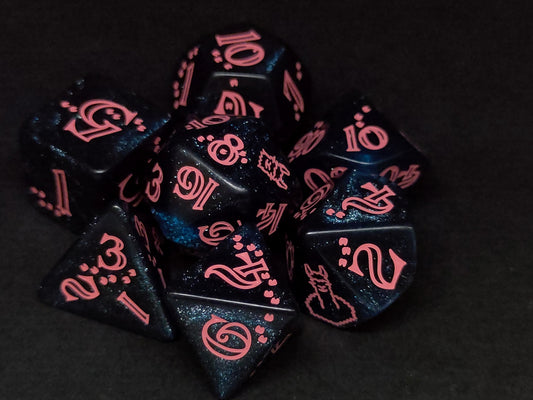 Llama polydice set, glittering dark blue w/pink