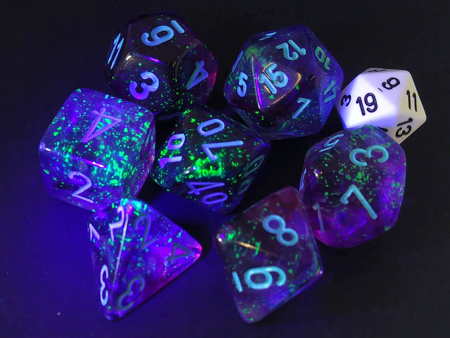 Mega-Hedral polydice set, Nebula Nocturnal w/turquoise