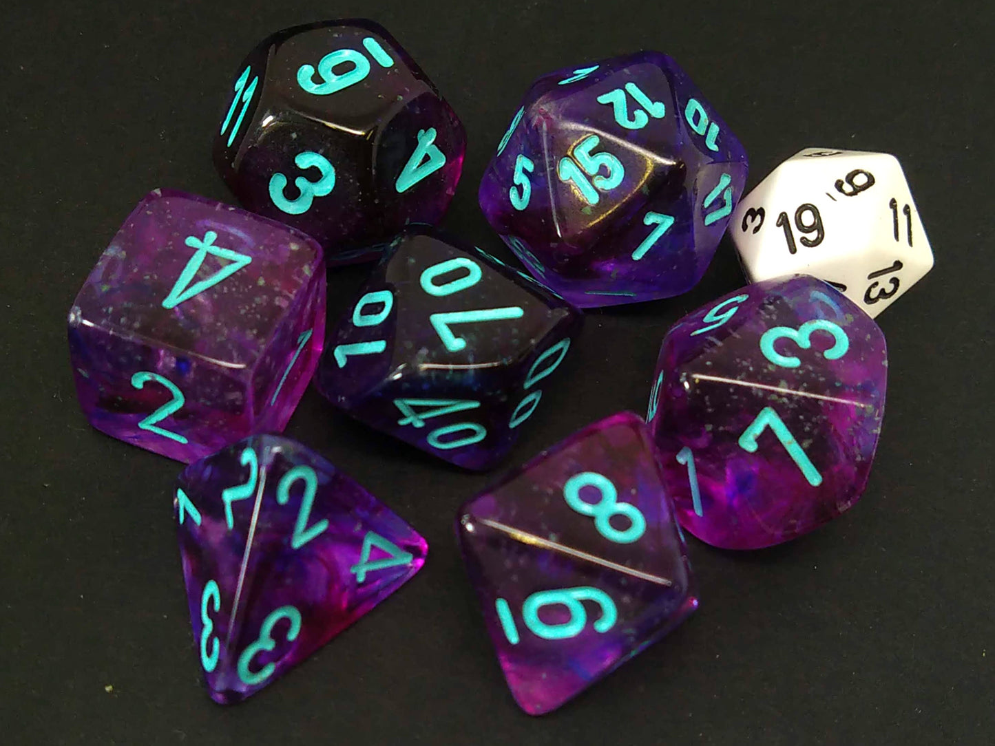 Mega-Hedral polydice set, Nebula Nocturnal w/turquoise