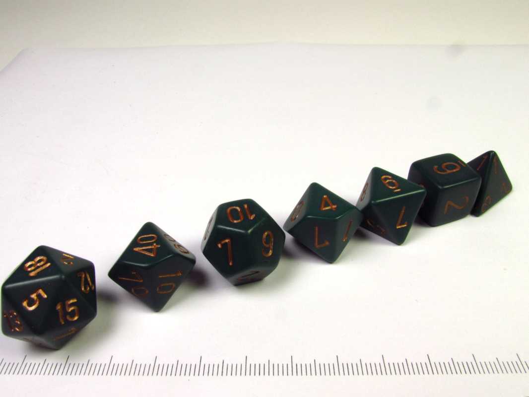 Chessex polydice set, Opaque dusty green w/copper