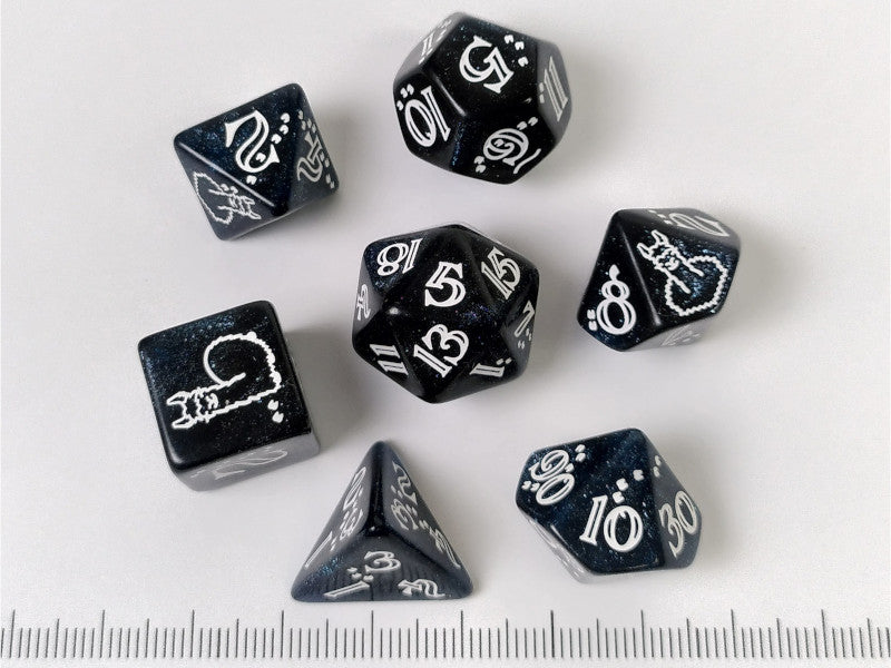 Llama polydice set, glittering dark blue w/white