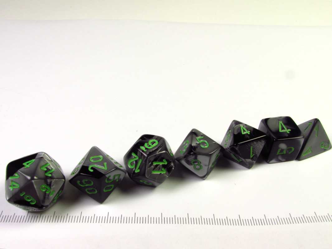 Set 7 polydice, Gemini black-grey w/green