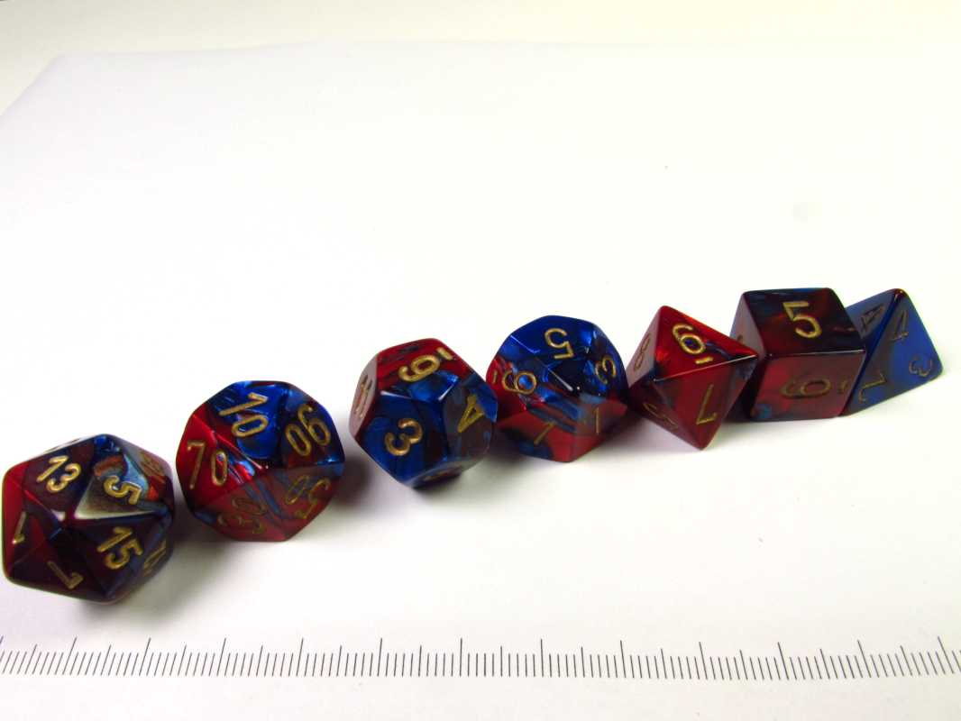 Set 7 polydice, Gemini blue-red w/gold