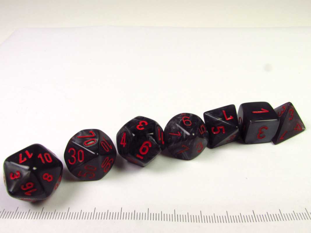 Set 7 polydice, Velvet black w/red