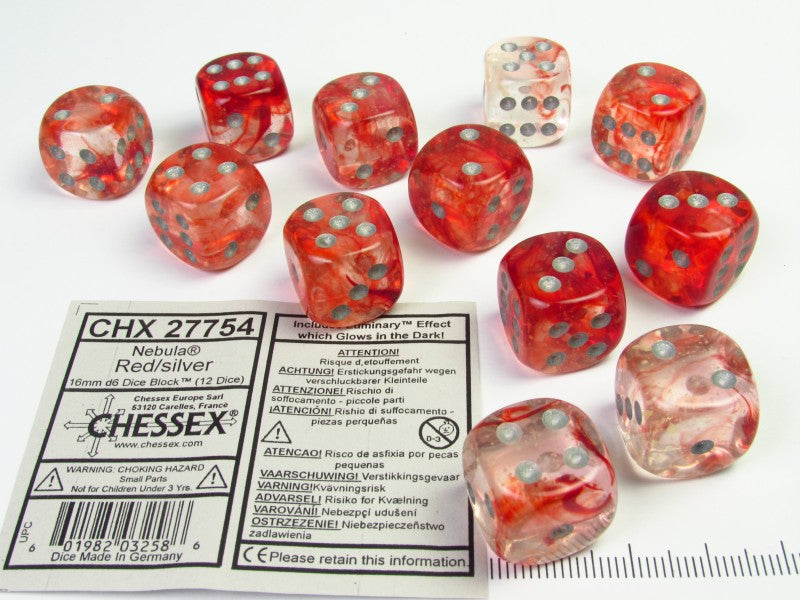 Set 12 st. 6-zijdig, 16mm Nebula Red w/silver