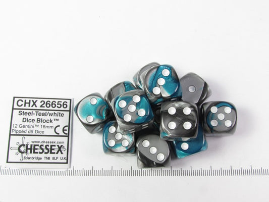 Set 12 st. 6-zijdig, 16mm Gemini Steel-Teal w/white